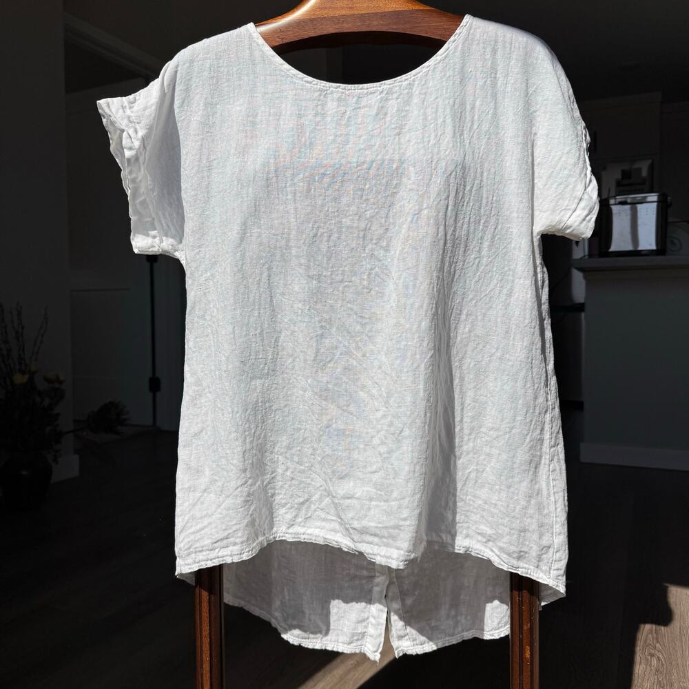 Terri Millennio White 100% Linen Top Made in Italy M Hi Low Short Sleeve Coastal